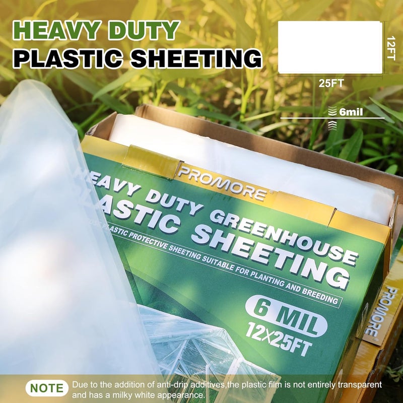 PROMORE Greenhouse Plastic Sheeting 6 Mil 12x25 FT, Clear Plastic Sheeting Heavy Duty, Polyethylene Film, UV Resistant, Tear-Proof, for Garden, Agriculture, Painting Floor Protection - Image 3